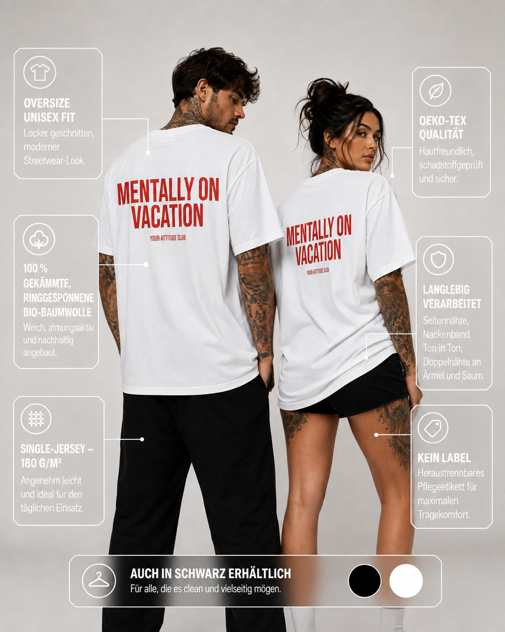 MENTALLY ON VACATION – Weißes Oversize Unisex Shirt mit rotem Backprint, lustiges Statement Shirt, Urlaub Shirt, Sarkasmus T-Shirt, Funny Tee