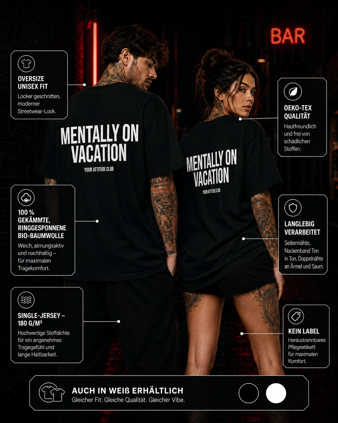MENTALLY ON VACATION – Schwarzes Oversize Unisex Shirt mit weißem Backprint, lustiges Statement Shirt, Urlaub Shirt, Sarkasmus T-Shirt, Funny Tee