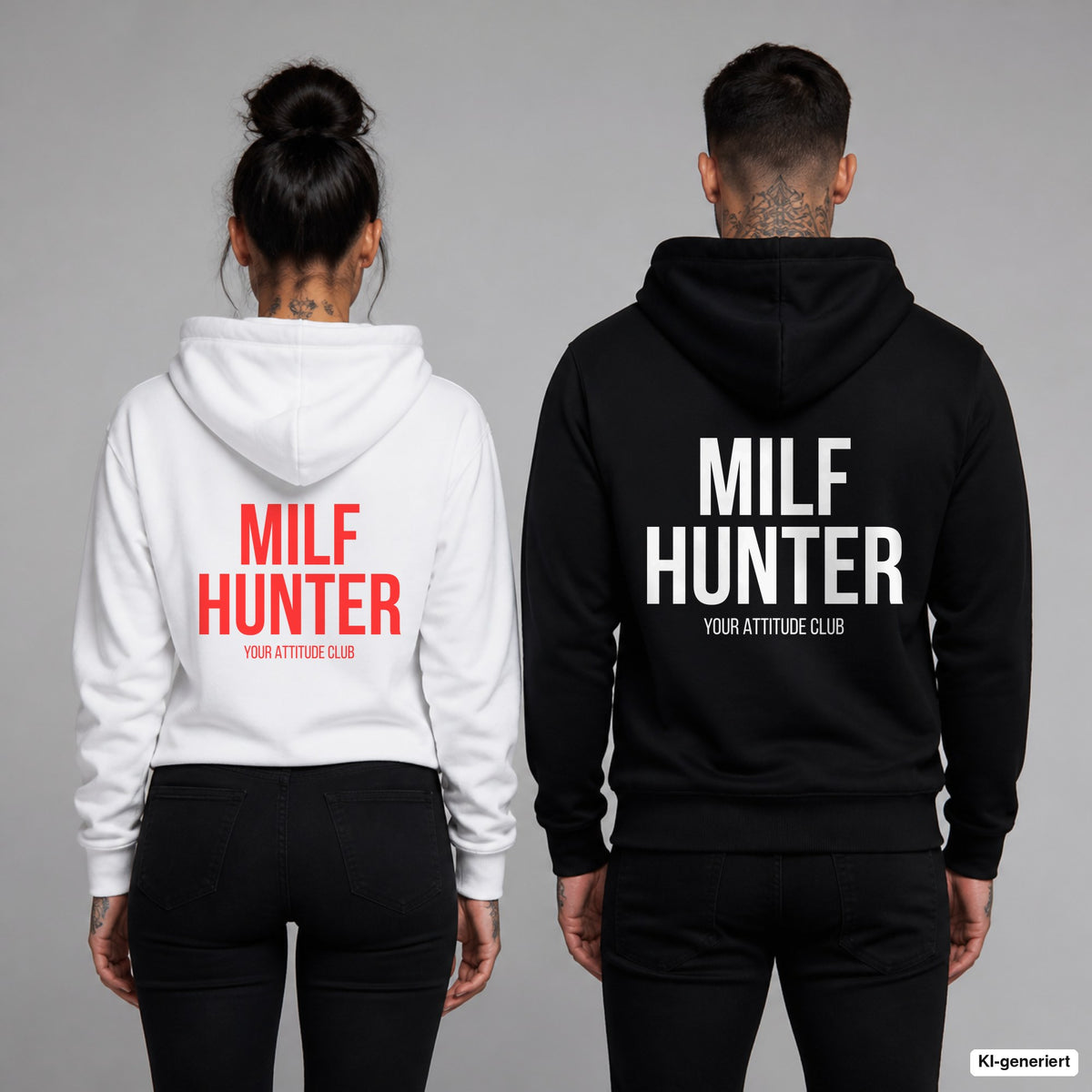MILF HUNTER – Hoodie mit Backprint, Frau in Weiß mit rotem und Mann in Schwarz mit weißem Aufdruck