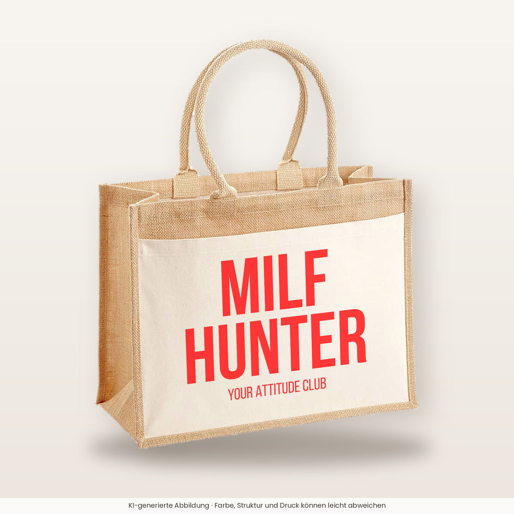 MILF hunter – Jutetasche mit Spruch, große Jutetasche, Produktansicht