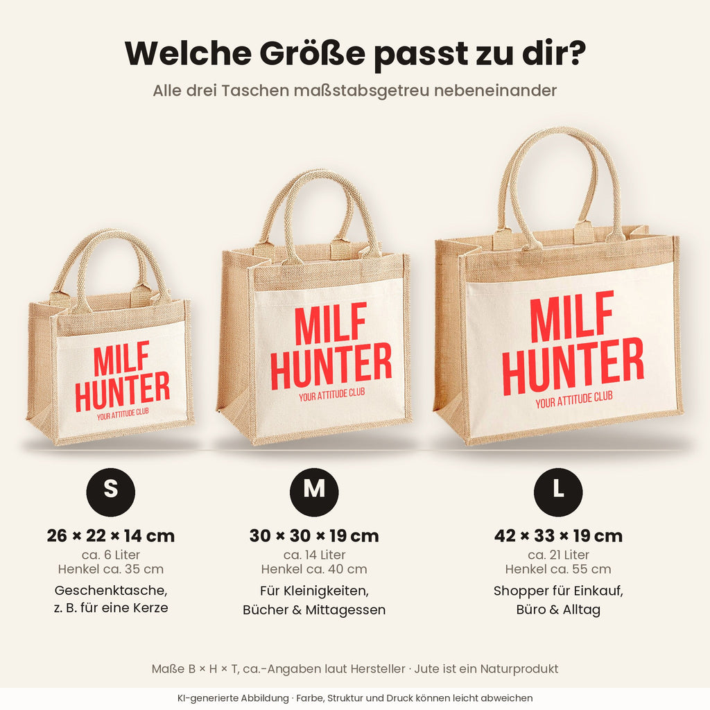 MILF hunter – Jutetasche mit Spruch, Größenvergleich klein, mittel, groß