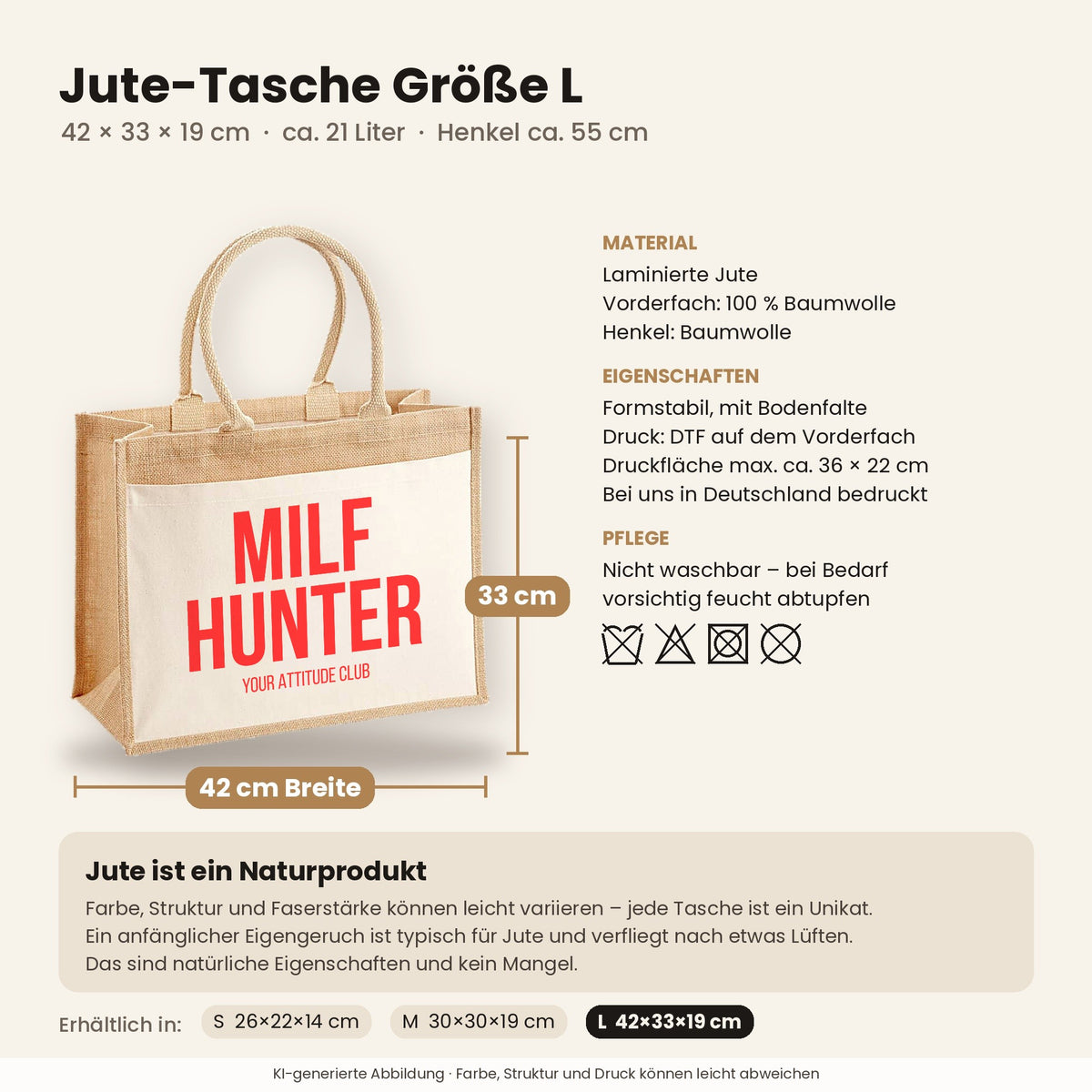 MILF hunter – Jutetasche mit Spruch, Maße, Material und Pflege