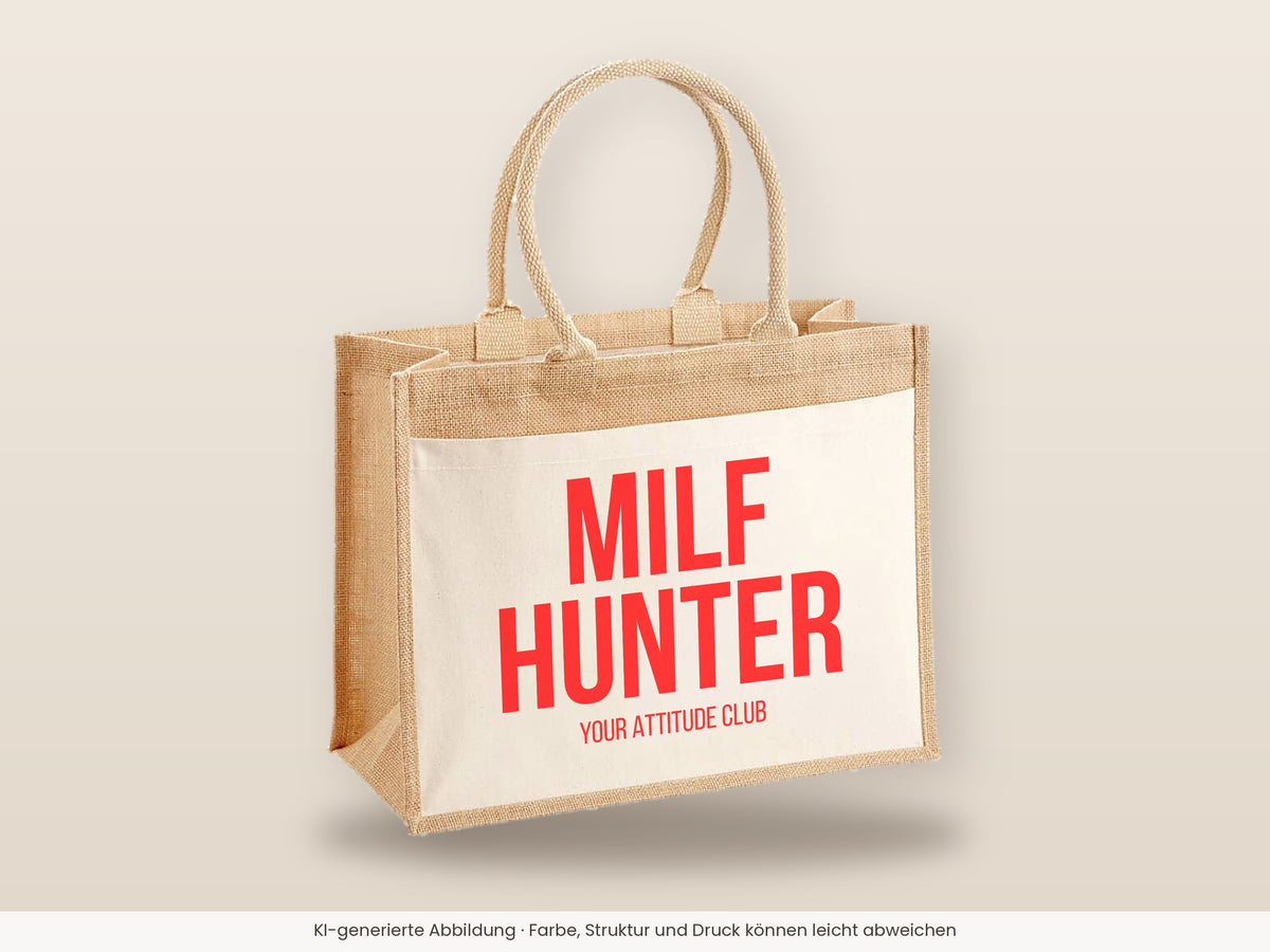 MILF hunter – Jutetasche mit Spruch, große Jutetasche, Detailansicht