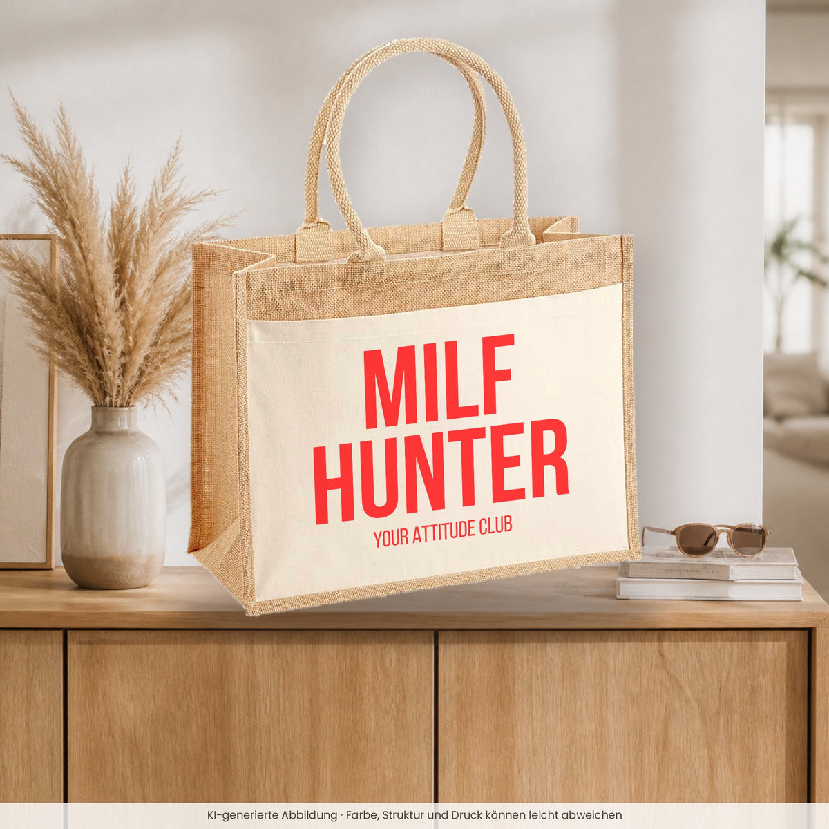 MILF hunter – Jutetasche mit Spruch, auf dem Sideboard im Flur