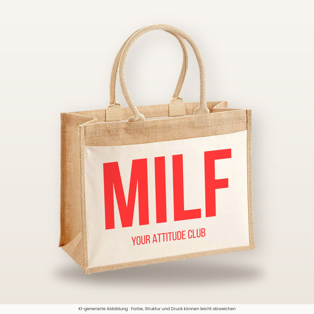 MILF – Jutetasche mit Spruch, große Jutetasche, Produktansicht