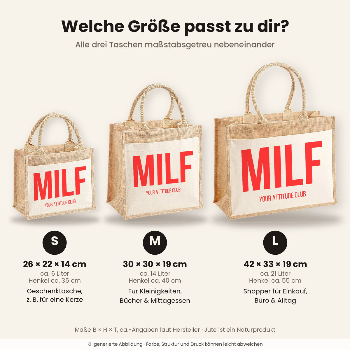 MILF – Jutetasche mit Spruch, Größenvergleich klein, mittel, groß