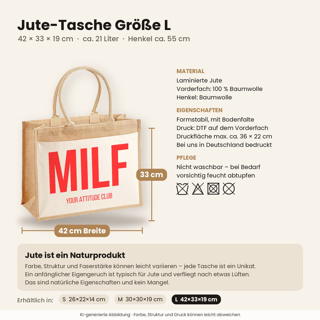 MILF – Jutetasche mit Spruch, Maße, Material und Pflege