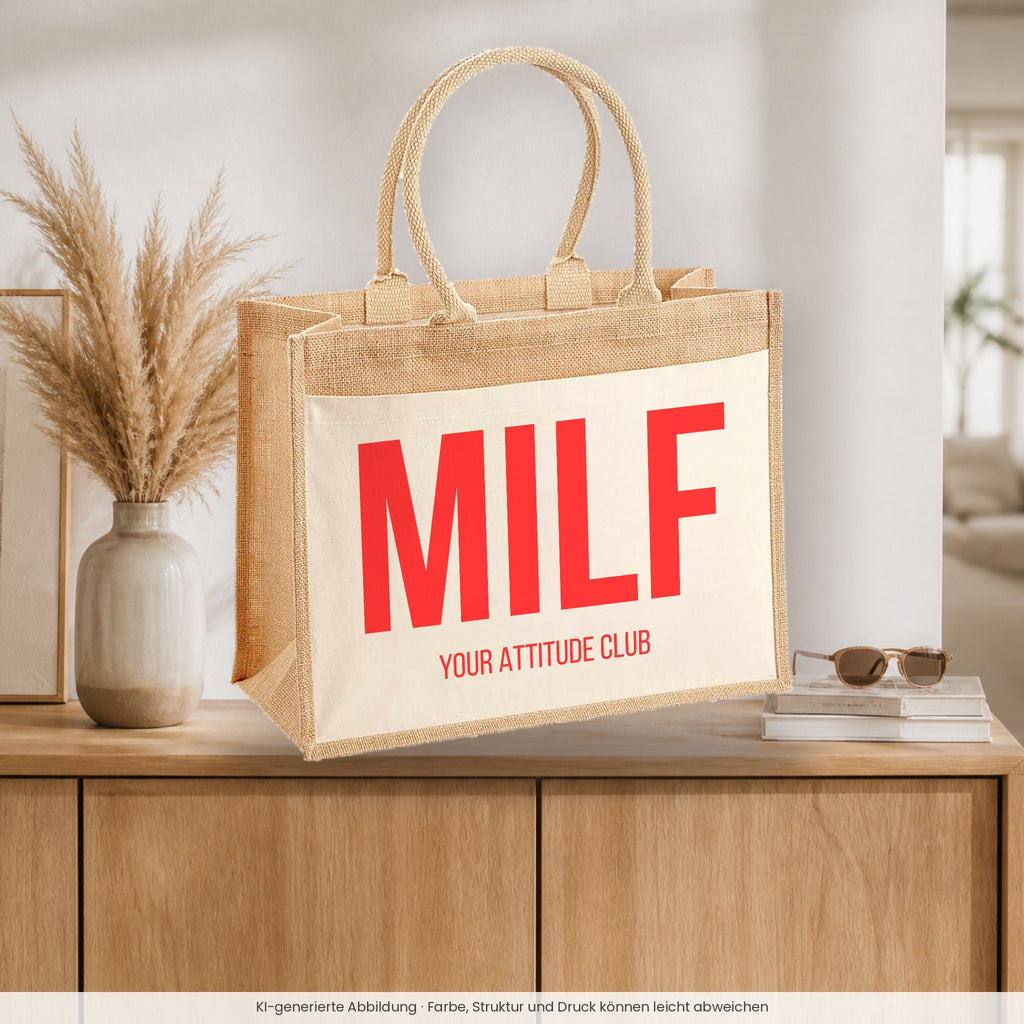 MILF – Jutetasche mit Spruch, auf dem Sideboard im Flur
