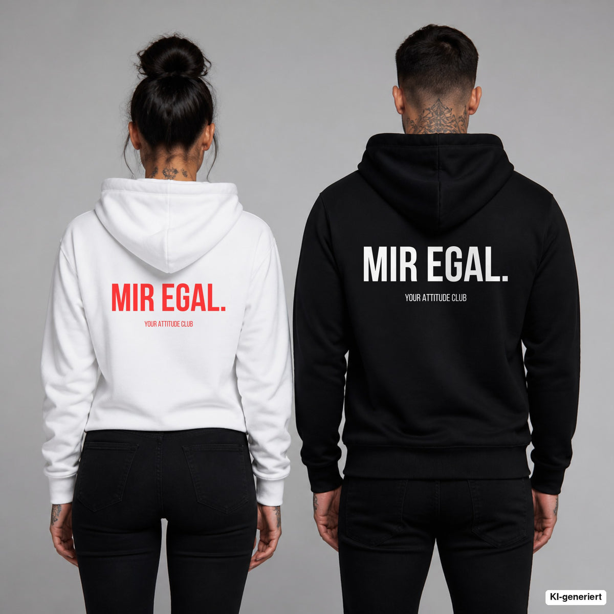 MIR EGAL. – Hoodie mit Backprint, Frau in Weiß mit rotem und Mann in Schwarz mit weißem Aufdruck