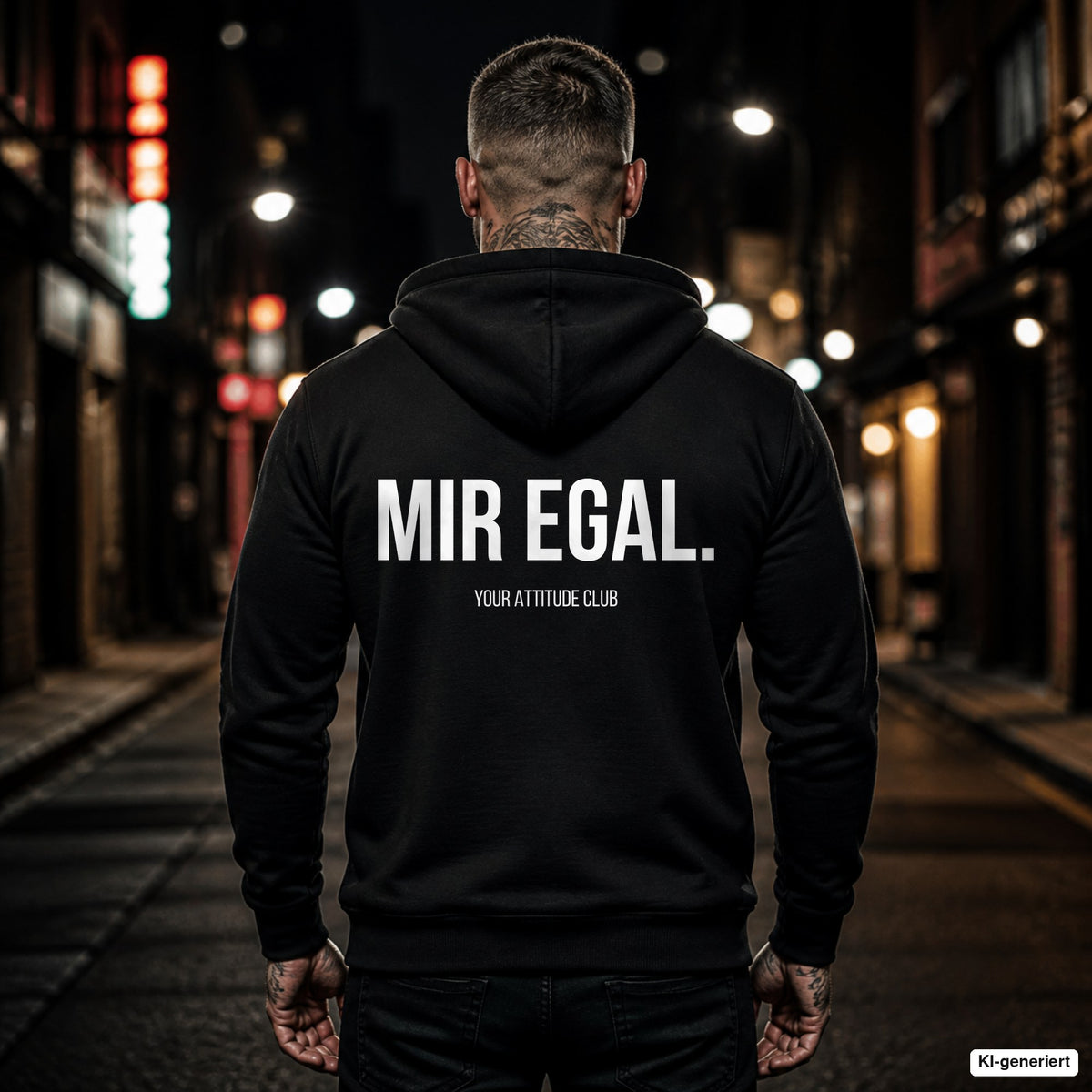 MIR EGAL. – schwarzer Hoodie mit weißem Backprint, Herren in der Stadt bei Nacht