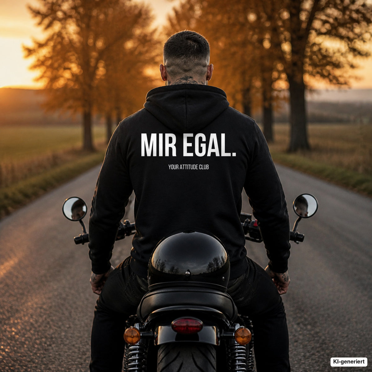 MIR EGAL. – schwarzer Hoodie mit weißem Backprint, Herren auf dem Motorrad