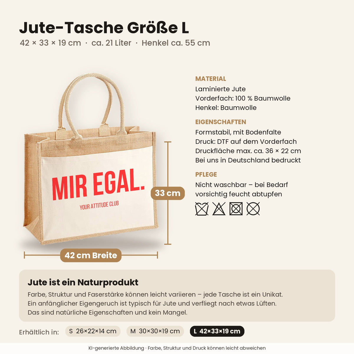 Mir egal. – Jutetasche mit Spruch, Maße, Material und Pflege