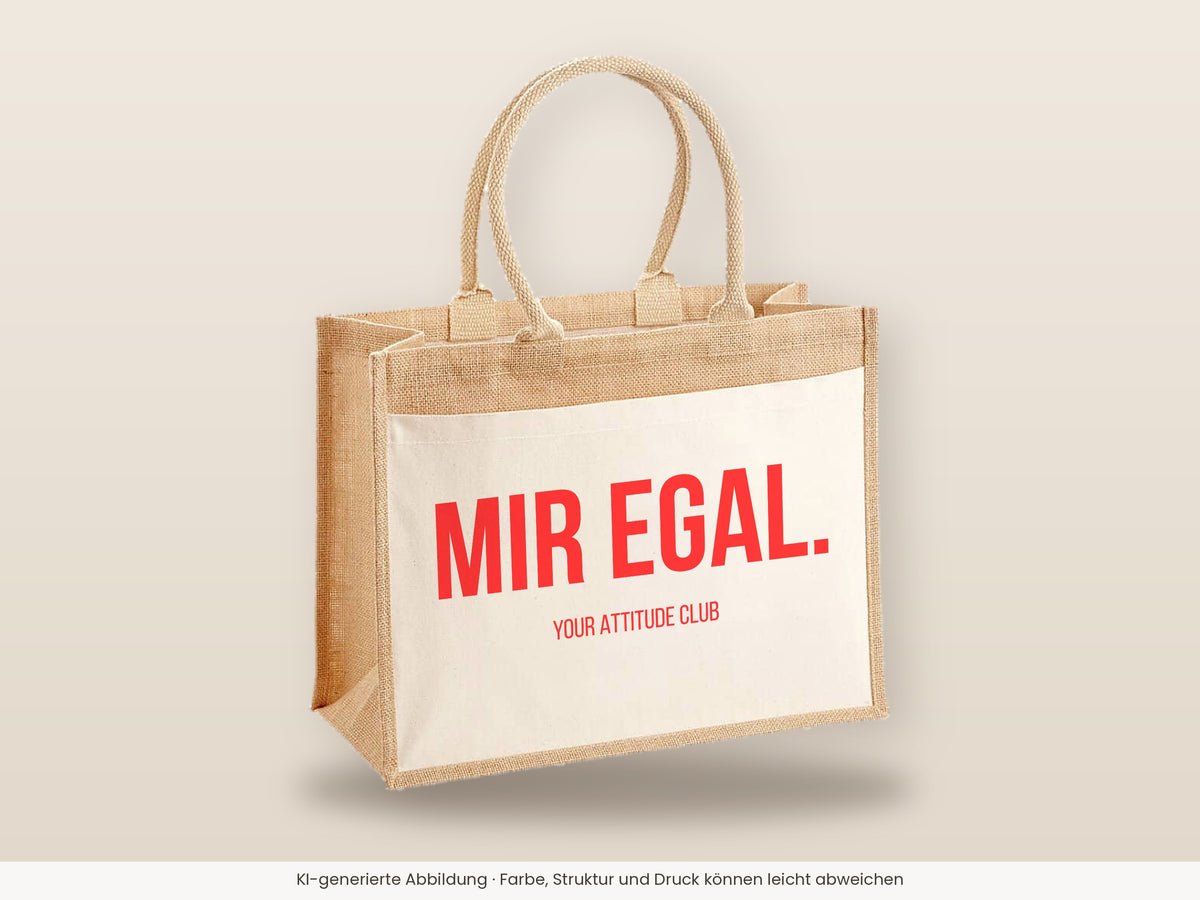 Mir egal. – Jutetasche mit Spruch, große Jutetasche, Detailansicht