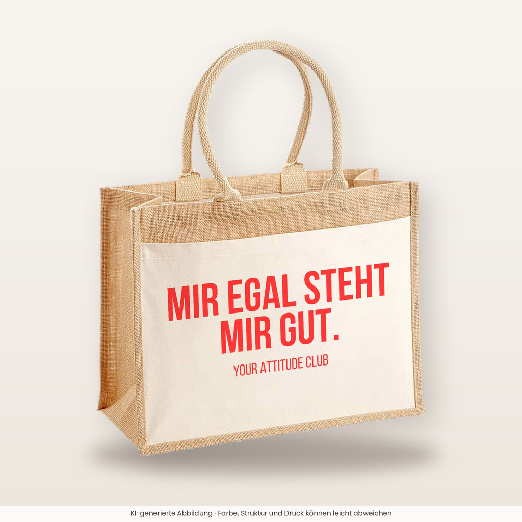 Mir egal steht mir gut. – Jutetasche mit Spruch, große Jutetasche, Produktansicht