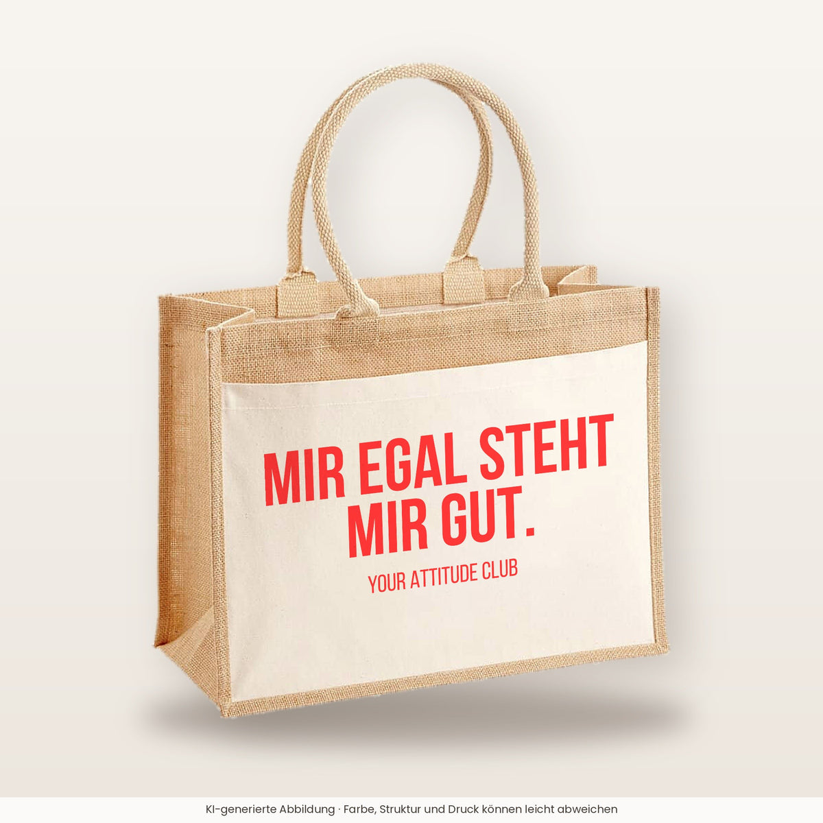 Mir egal steht mir gut. – Jutetasche mit Spruch, große Jutetasche, Produktansicht