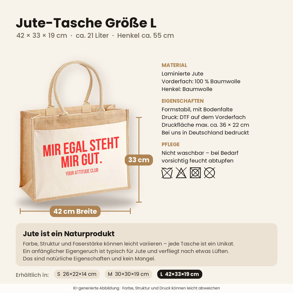 Mir egal steht mir gut. – Jutetasche mit Spruch, Maße, Material und Pflege