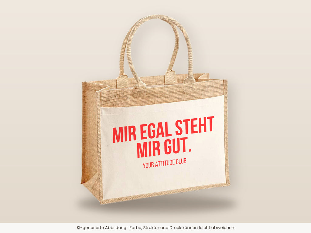Mir egal steht mir gut. – Jutetasche mit Spruch, große Jutetasche, Detailansicht