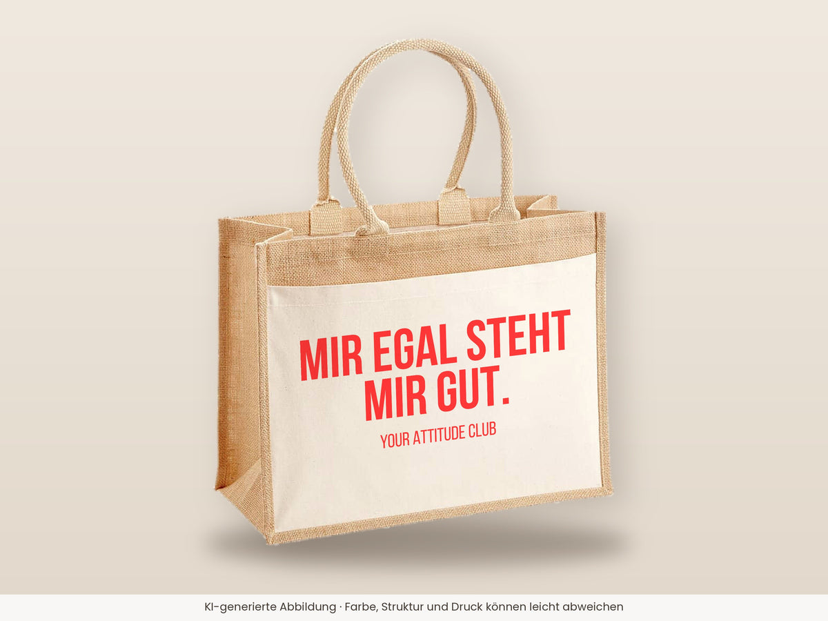 Mir egal steht mir gut. – Jutetasche mit Spruch, große Jutetasche, Detailansicht