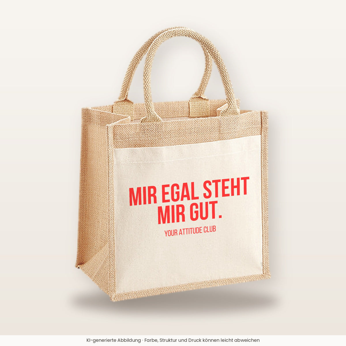 Mir egal steht mir gut. – Jutetasche mit Spruch, mittlere Jutetasche 30 × 30 cm