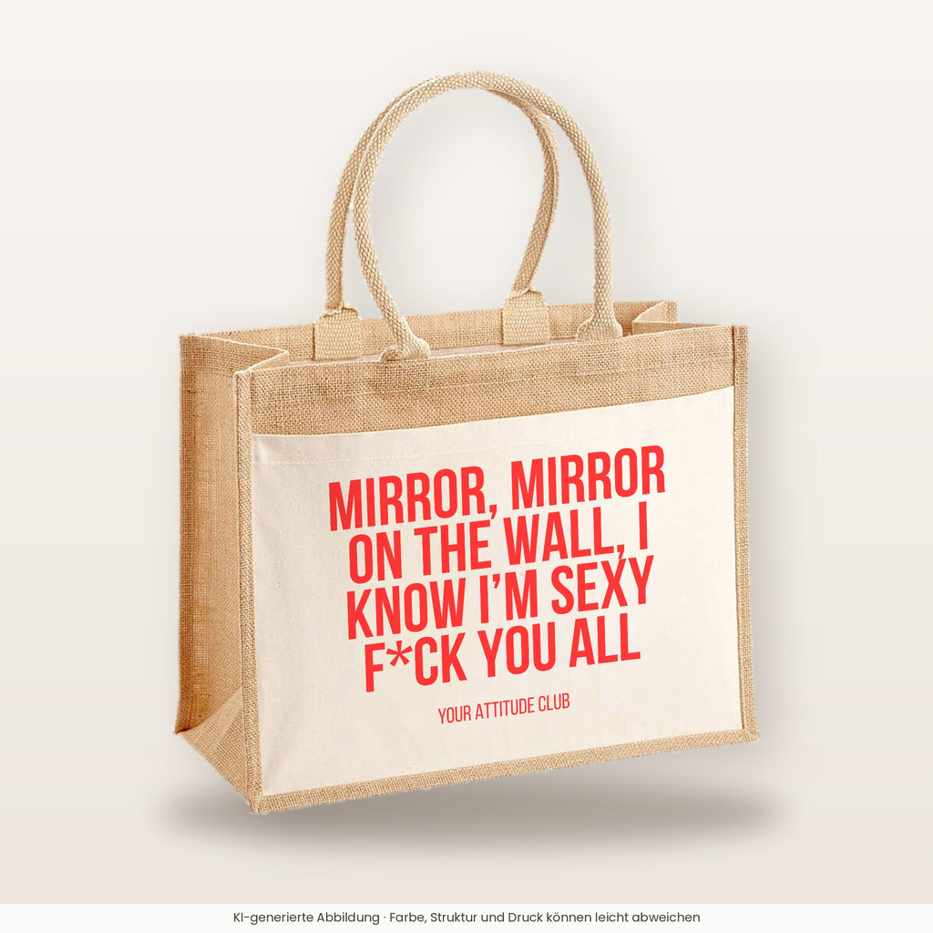 Mirror, mirror on the wall, I know I'm sexy f*ck you all – Jutetasche mit Spruch, große Jutetasche, Produktansicht