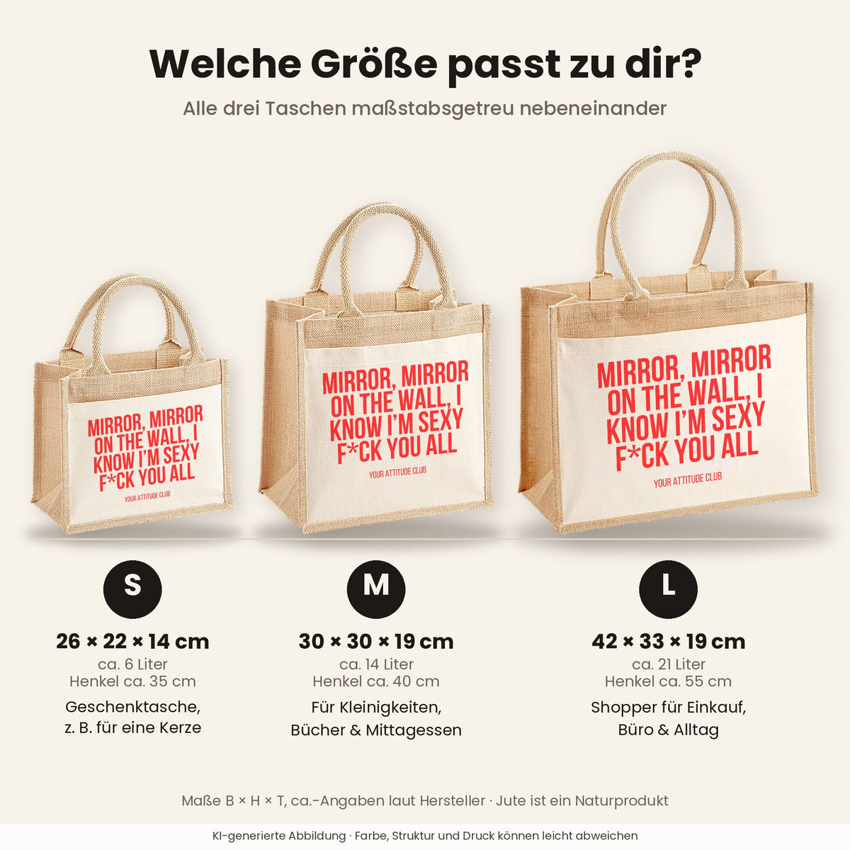 Mirror, mirror on the wall, I know I'm sexy f*ck you all – Jutetasche mit Spruch, Größenvergleich klein, mittel, groß