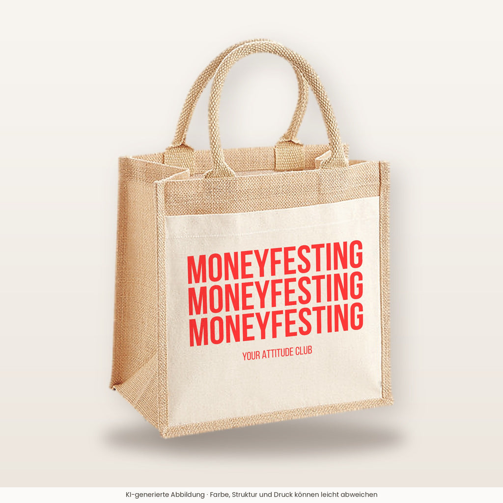 Moneyfesting Moneyfesting Moneyfesting – Jutetasche mit Spruch, mittlere Jutetasche 30 × 30 cm