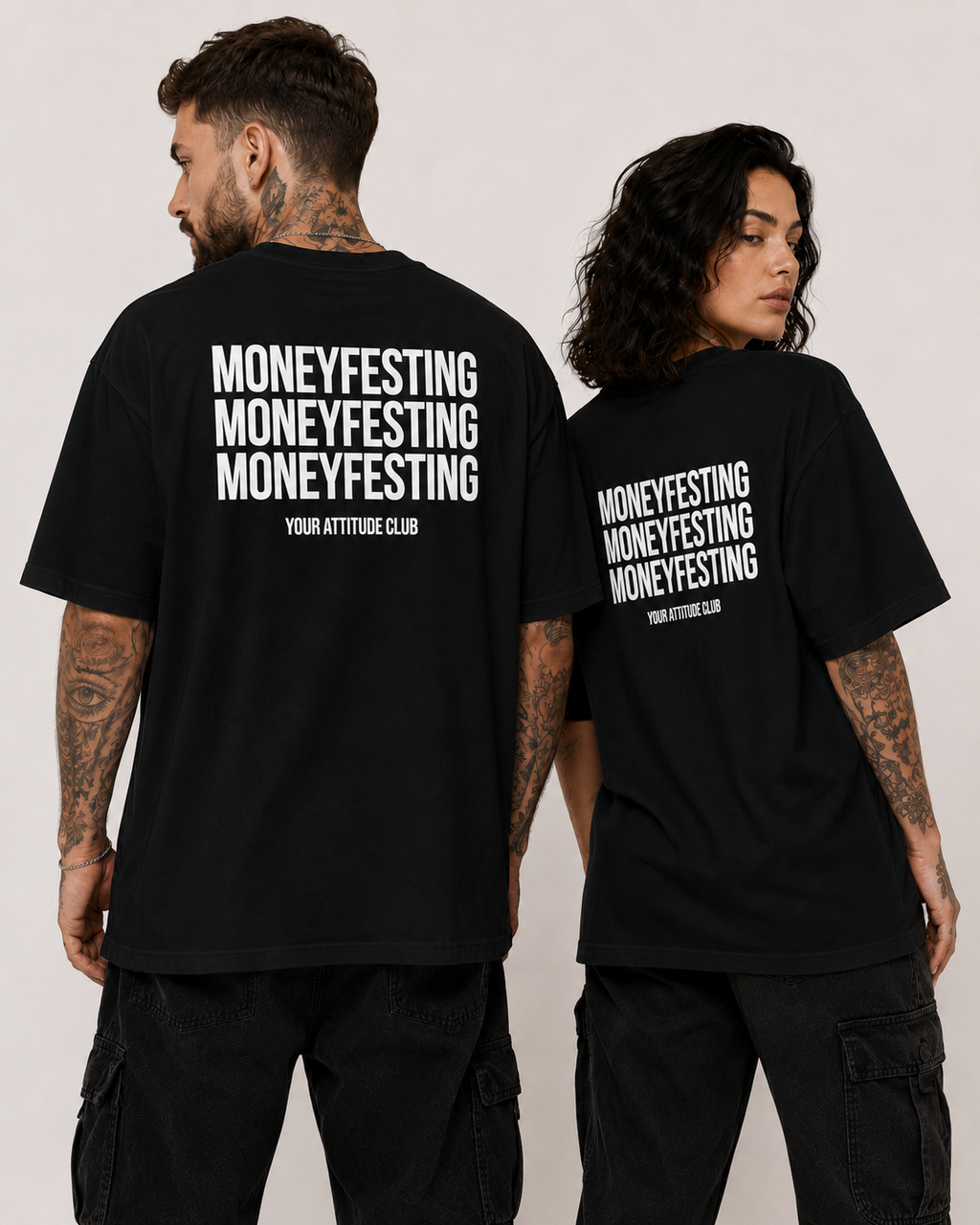 MONEYFESTING MONEYFESTING MONEYFESTING – Unisex Oversize T-Shirt mit Backprint, Statement Shirt, Streetwear Geschenk für Frauen und Männer