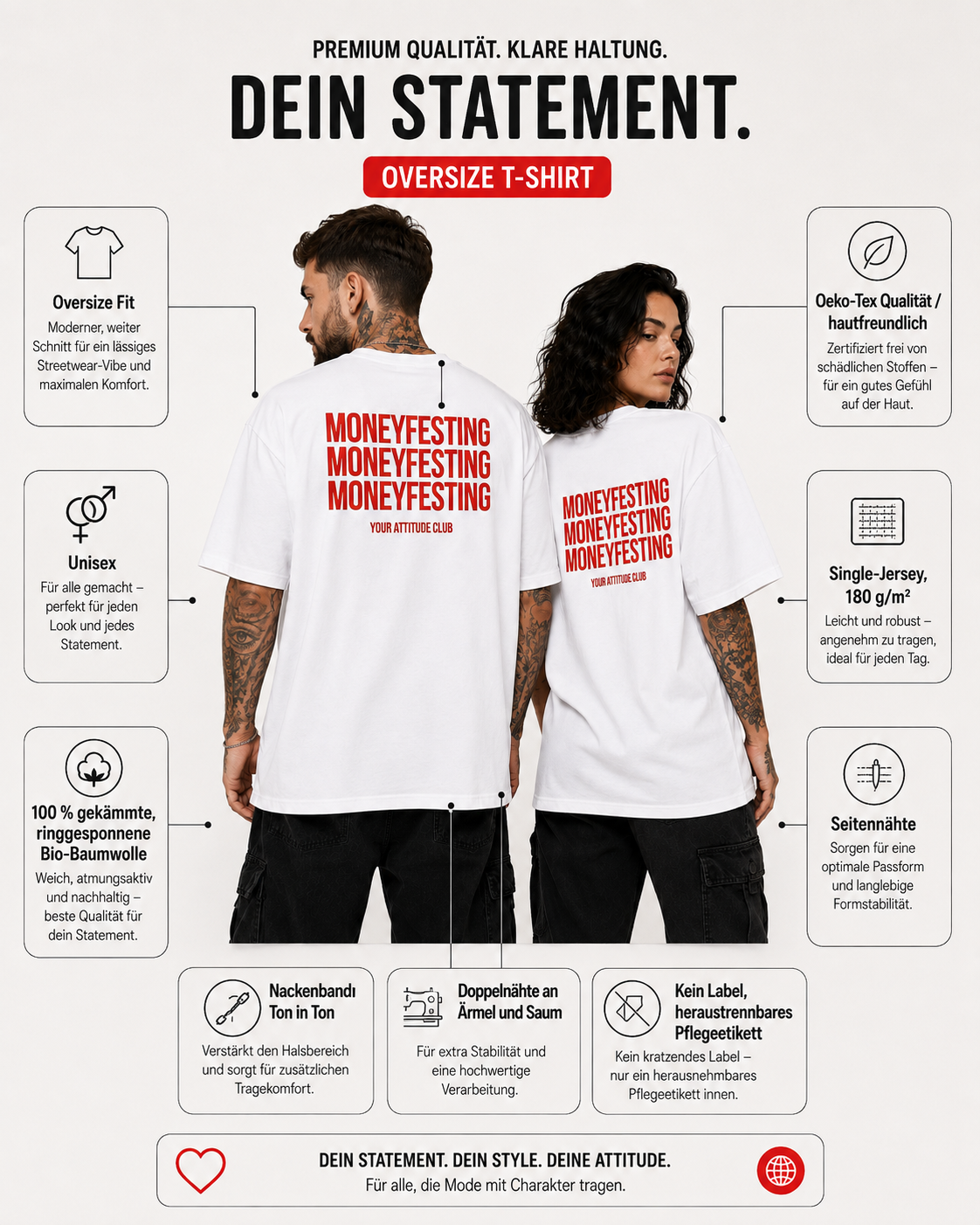MONEYFESTING MONEYFESTING MONEYFESTING – Unisex Oversize T-Shirt mit Backprint, Statement Shirt, Streetwear Geschenk für Frauen und Männer