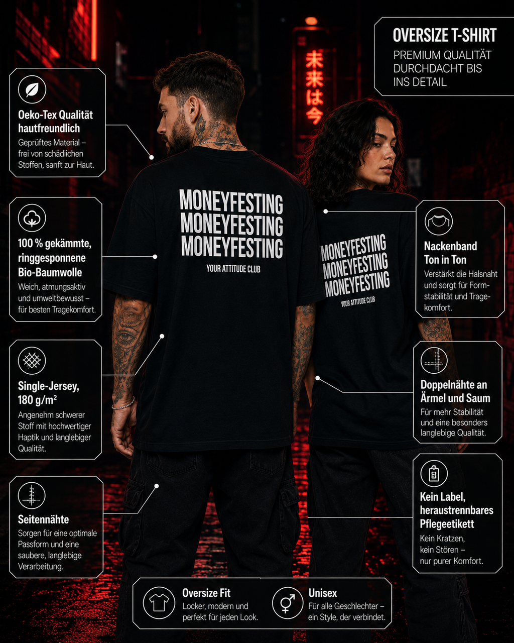 MONEYFESTING MONEYFESTING MONEYFESTING – Unisex Oversize T-Shirt mit Backprint, Statement Shirt, Streetwear Geschenk für Frauen und Männer