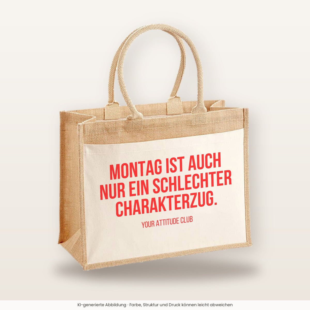 Montag ist auch nur ein schlechter Charakterzug. – Jutetasche mit Spruch, große Jutetasche, Produktansicht