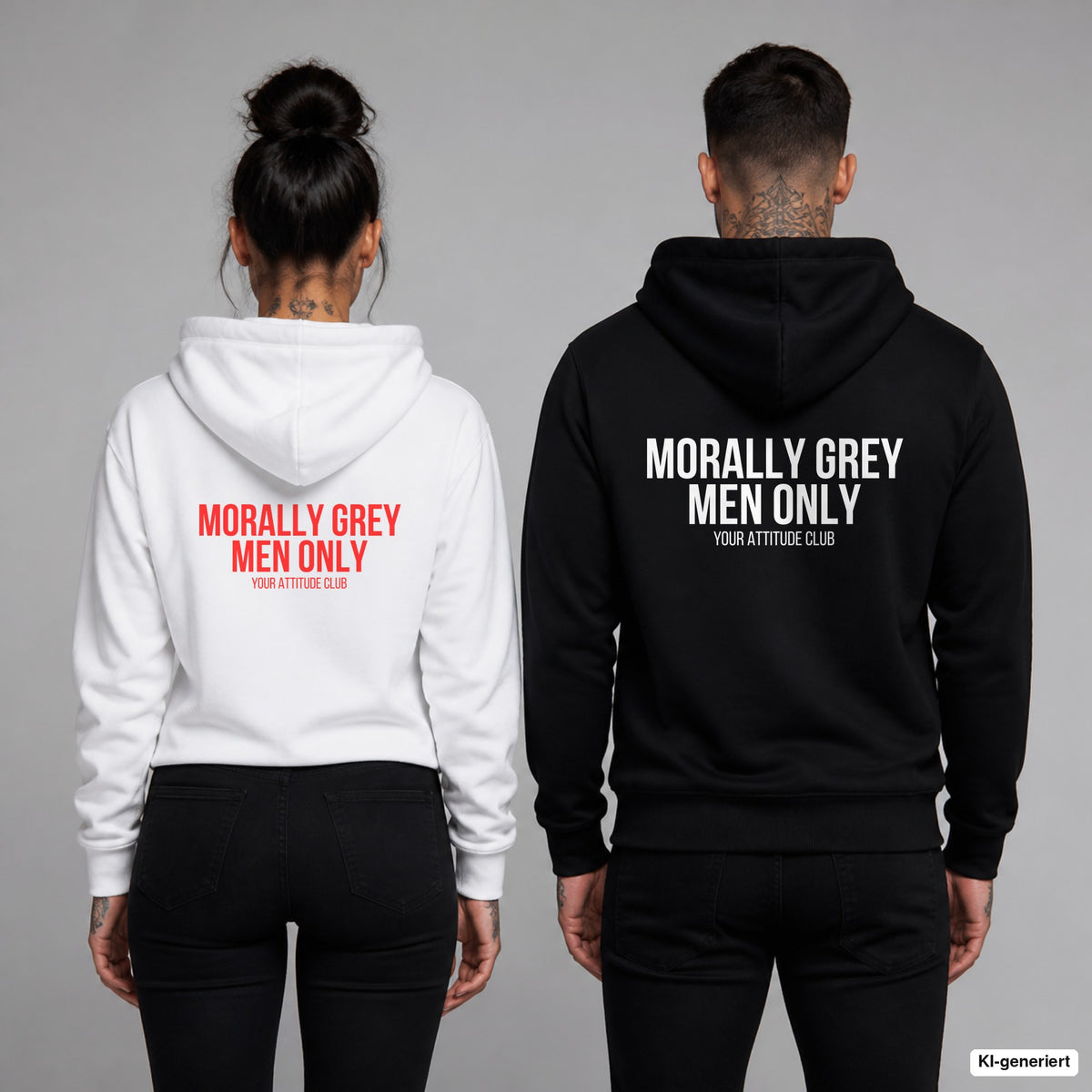 Morally grey men only – Hoodie mit Backprint, Frau in Weiß mit rotem und Mann in Schwarz mit weißem Aufdruck
