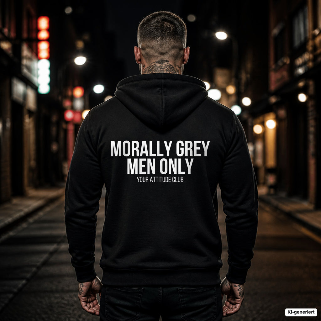 Morally grey men only – schwarzer Hoodie mit weißem Backprint, Herren in der Stadt bei Nacht