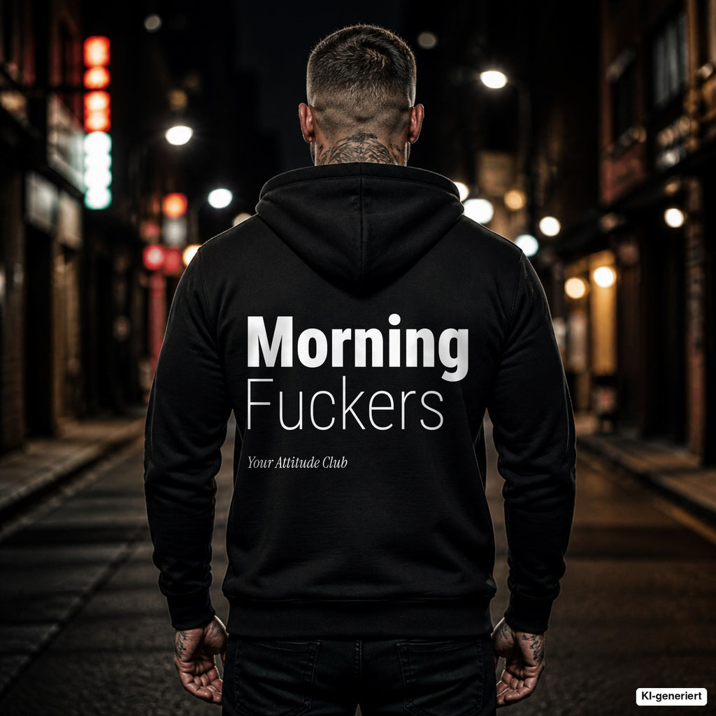 Morning Fuckers – schwarzer Hoodie mit weißem Backprint, Herren in der Stadt bei Nacht