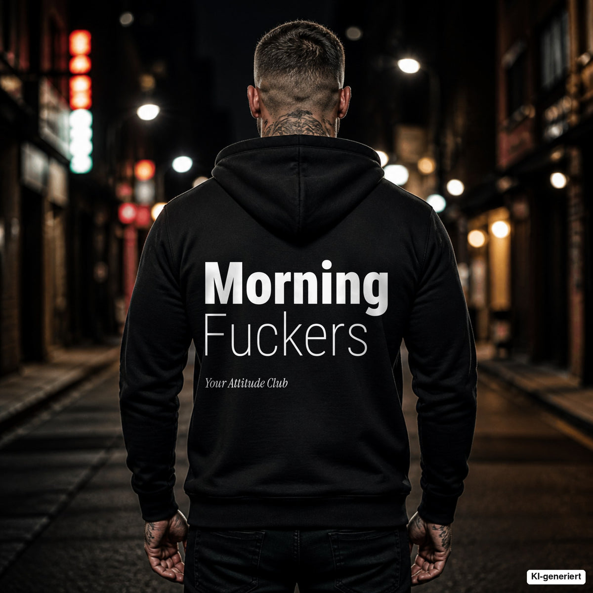 Morning Fuckers – schwarzer Hoodie mit weißem Backprint, Herren in der Stadt bei Nacht