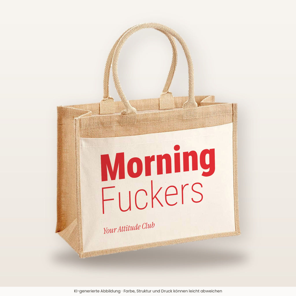 Morning Fuckers – Jutetasche mit Spruch, große Jutetasche, Produktansicht