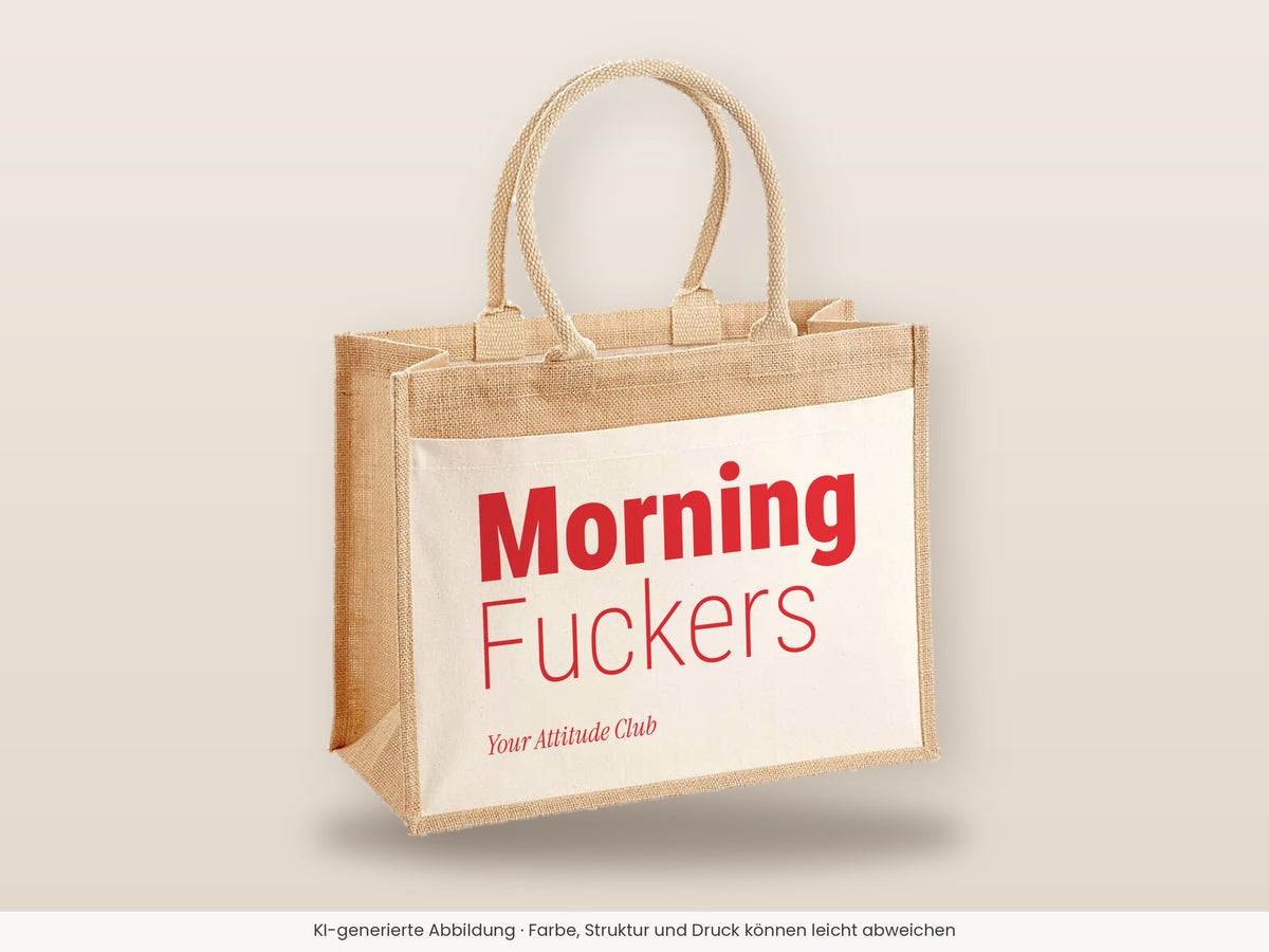 Morning Fuckers – Jutetasche mit Spruch, große Jutetasche, Detailansicht