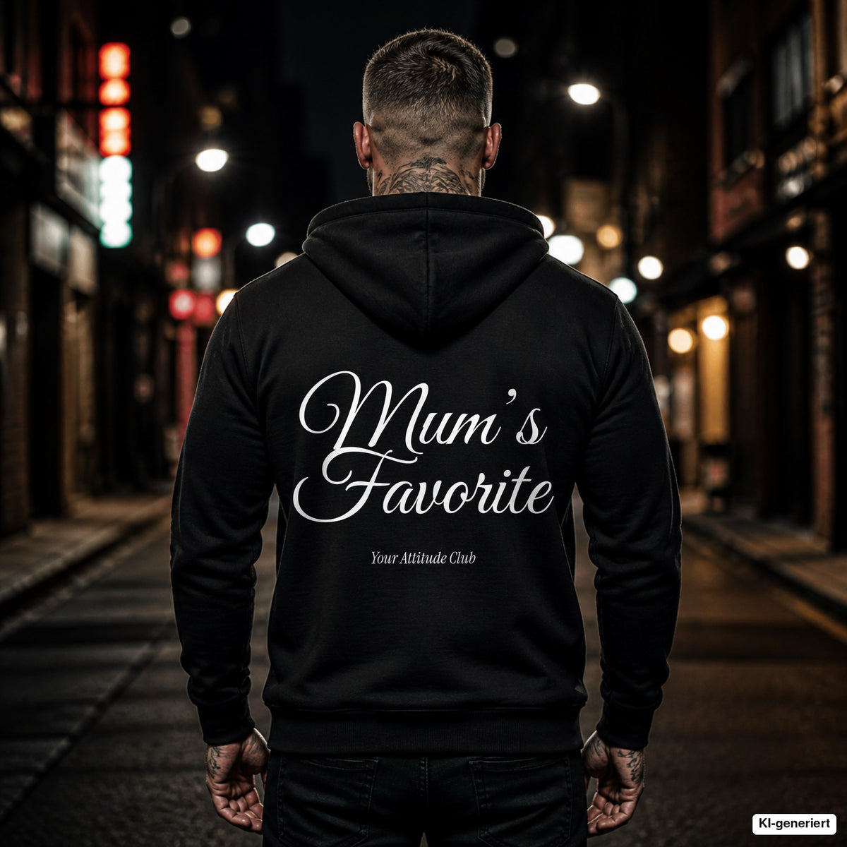 Mum’s Favorite – schwarzer Hoodie mit weißem Backprint, Herren in der Stadt bei Nacht