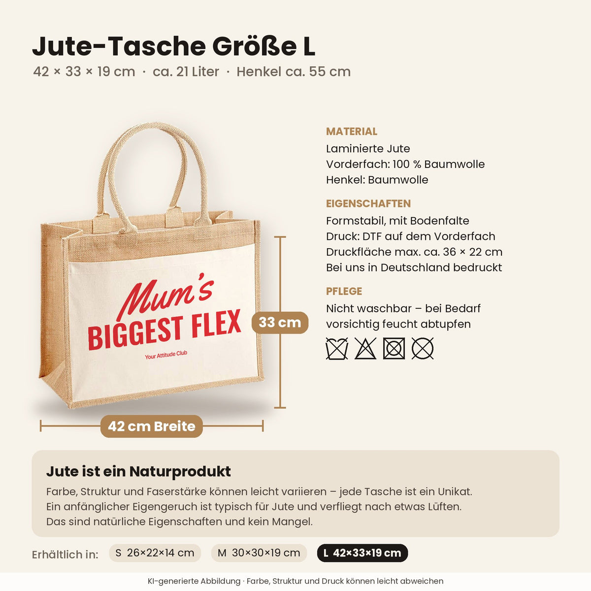 Mum’s Biggest Flex – Jutetasche mit Spruch, Maße, Material und Pflege