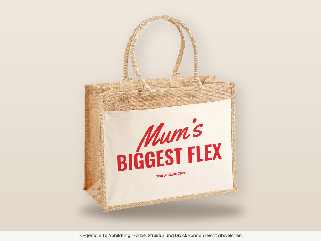 Mum’s Biggest Flex – Jutetasche mit Spruch, große Jutetasche, Detailansicht