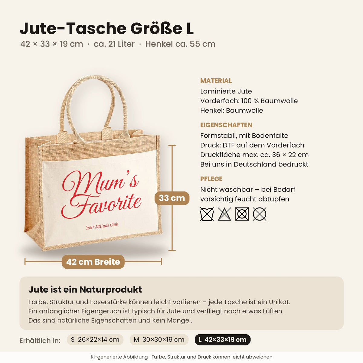Mum’s Favorite – Jutetasche mit Spruch, Maße, Material und Pflege