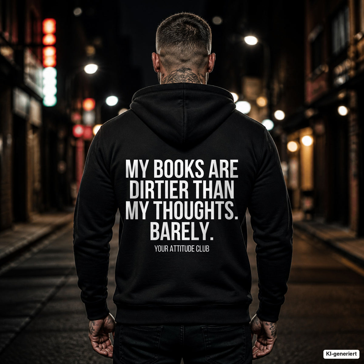 My books are dirtier than my thoughts. Barely. – schwarzer Hoodie mit weißem Backprint, Herren in der Stadt bei Nacht