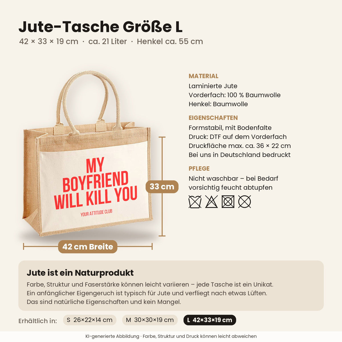 My boyfriend will kill you – Jutetasche mit Spruch, Maße, Material und Pflege