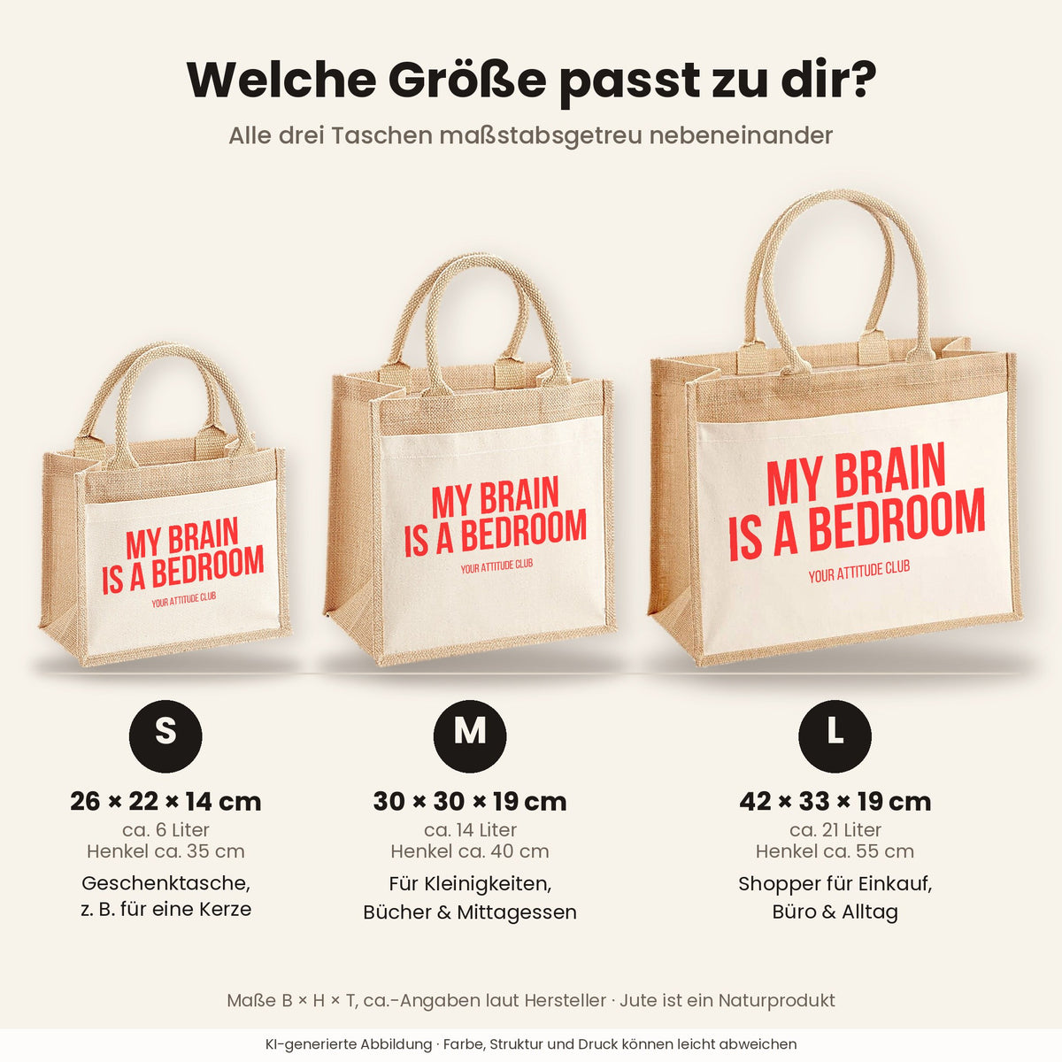 My brain is a bedroom – Jutetasche mit Spruch, Größenvergleich klein, mittel, groß