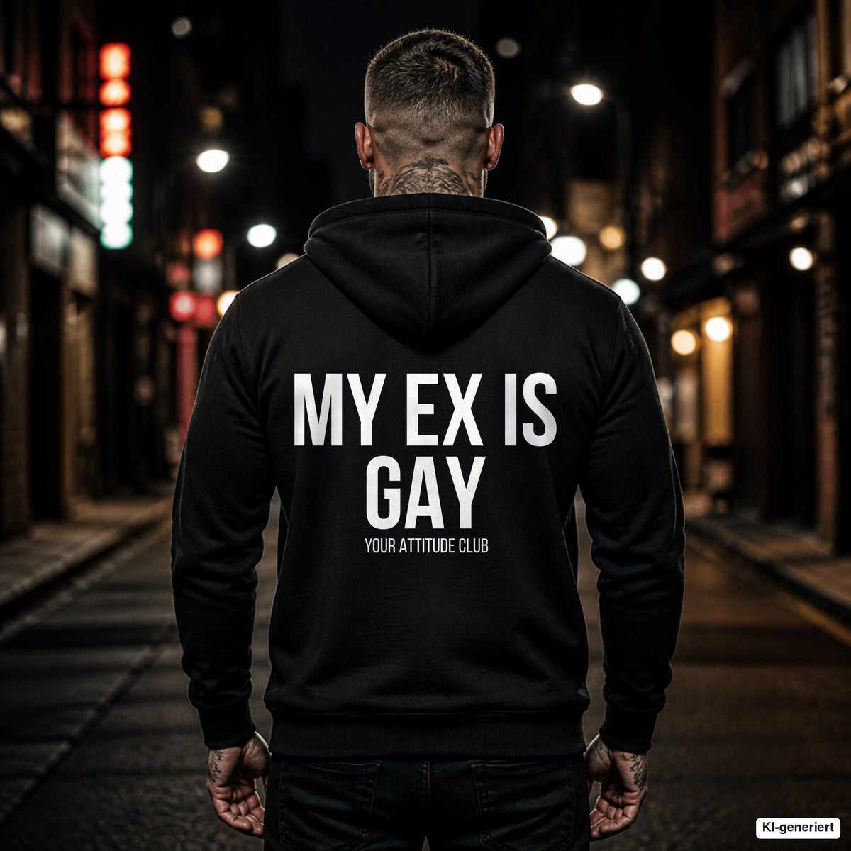 My ex is gay – schwarzer Hoodie mit weißem Backprint, Herren in der Stadt bei Nacht