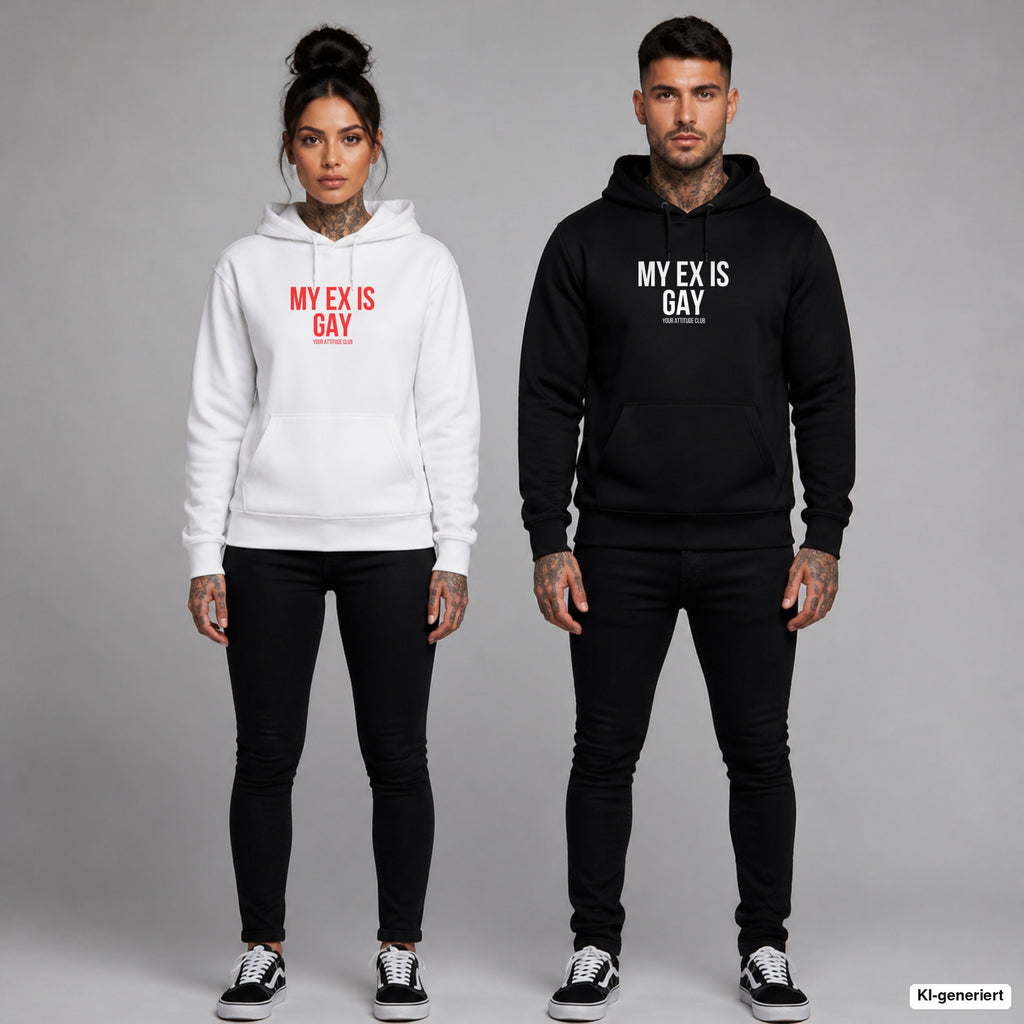 My ex is gay – Hoodie mit Frontprint, Frau in Weiß mit rotem und Mann in Schwarz mit weißem Aufdruck