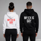 My ex is gay – Hoodie mit Backprint, Frau in Weiß mit rotem und Mann in Schwarz mit weißem Aufdruck