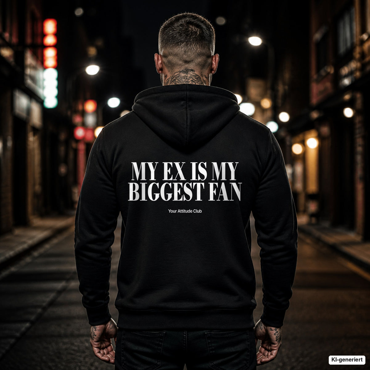My ex is my biggest fan – schwarzer Hoodie mit weißem Backprint, Herren in der Stadt bei Nacht