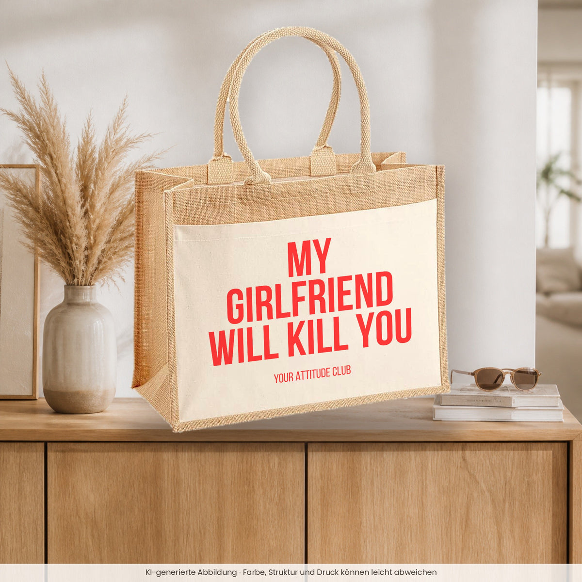 My girlfriend will kill you – Jutetasche mit Spruch, auf dem Sideboard im Flur