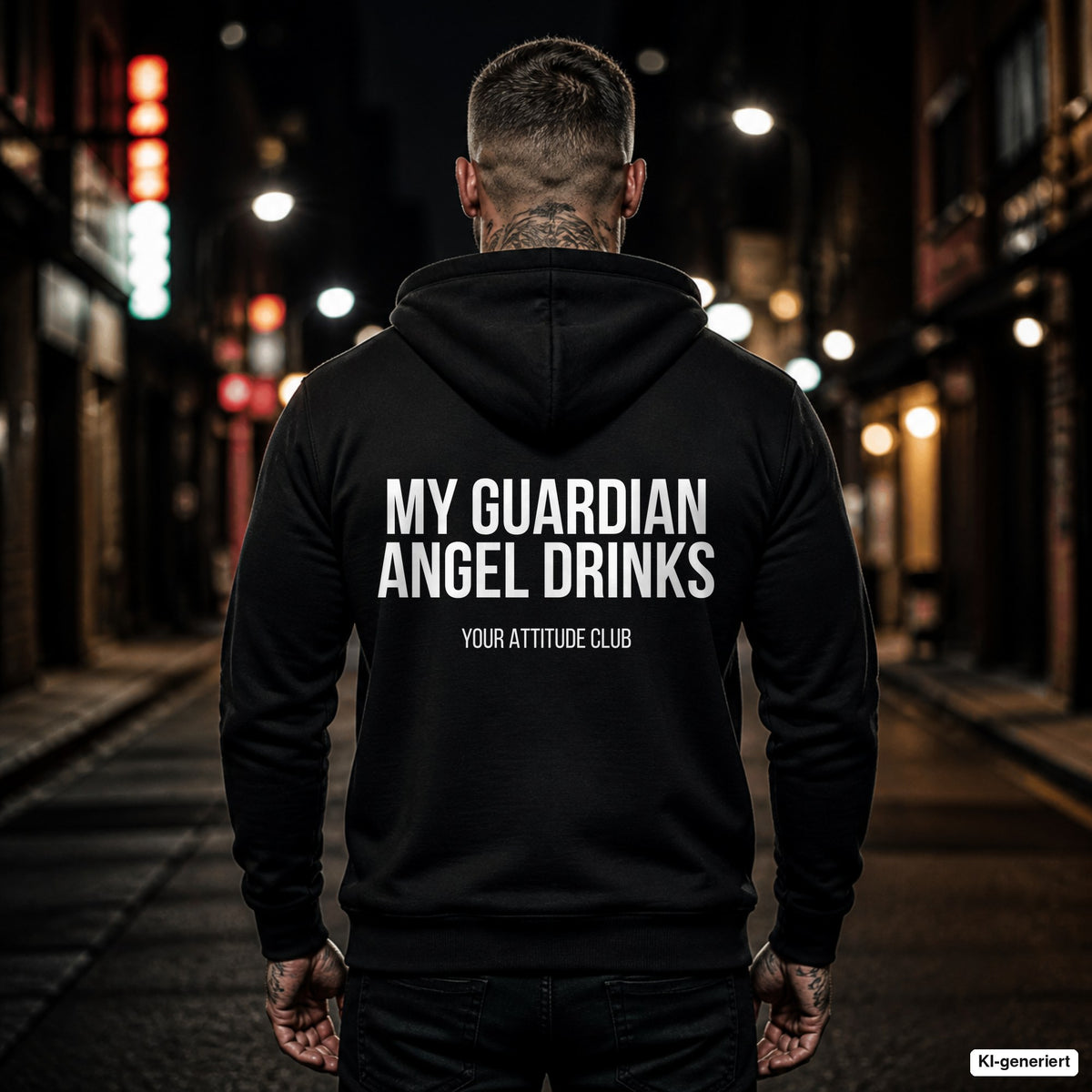My guardian angel drinks – schwarzer Hoodie mit weißem Backprint, Herren in der Stadt bei Nacht