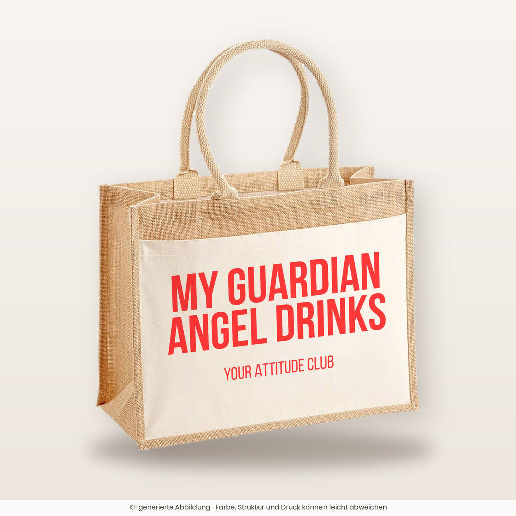 My guardian angel drinks – Jutetasche mit Spruch, große Jutetasche, Produktansicht